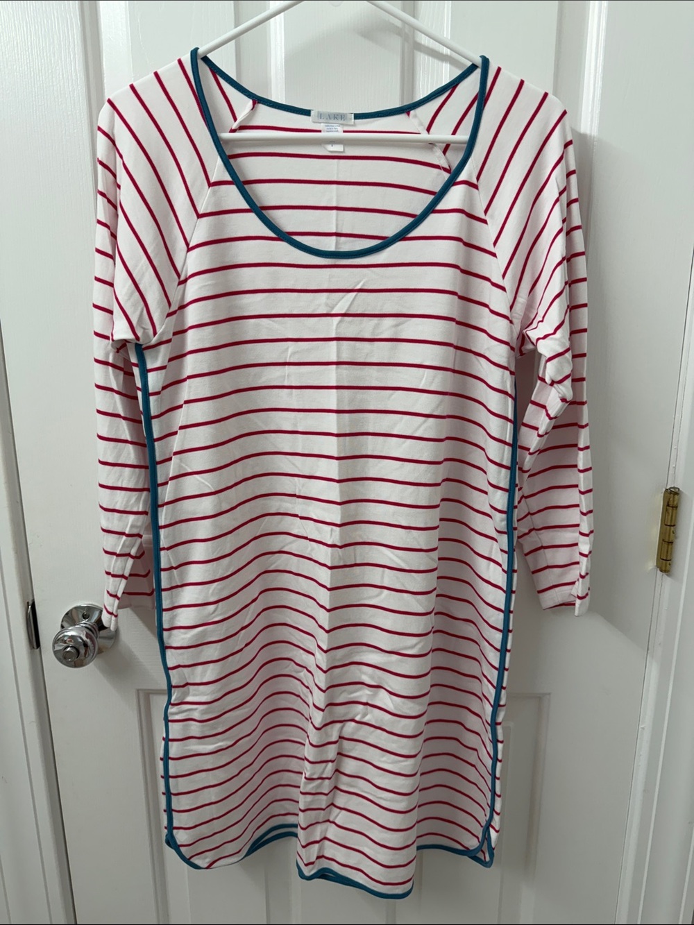 Women’s Striped Long Sleeve Nightshirt - Red & White with Teal Trim